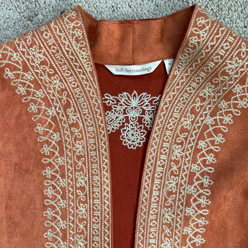 Soft Surroundings Jacket Womens XL Orange Long Embroidered Boho Festival Sueded - Picture 4 of 8